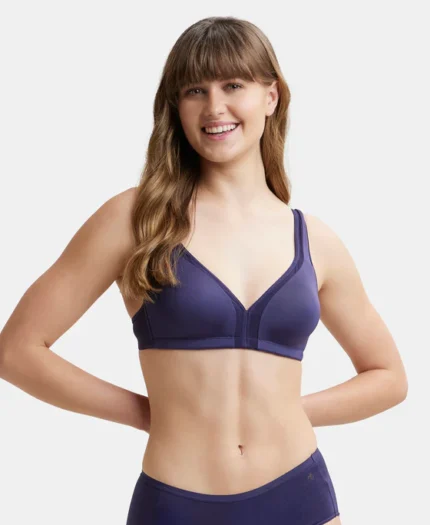 Non Padded Soft Touch Microfiber Elastane Stretch Full Coverage Everyday Bra with Stylized Mesh Panel