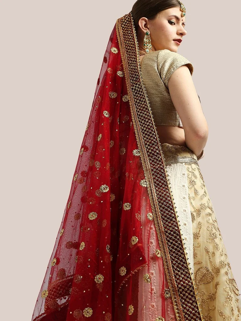 Embroidered Maroon Bridal & Wedding Wear Net Dupatta - Image 2