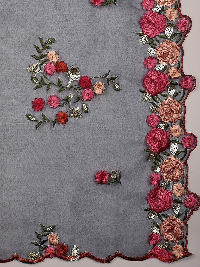 Organza Dupatta with Multicolor Floral Embroidery - Image 7