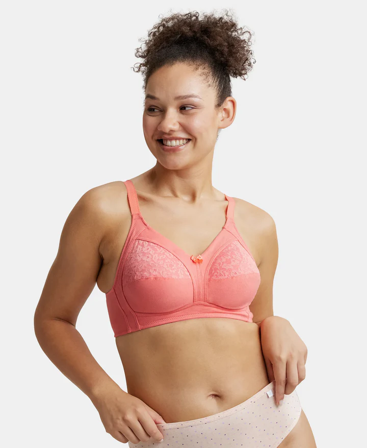 Wire free Non Padded Super Combed Cotton Elastane Stretch Full Coverage Plus Size Bra with Lace Styling