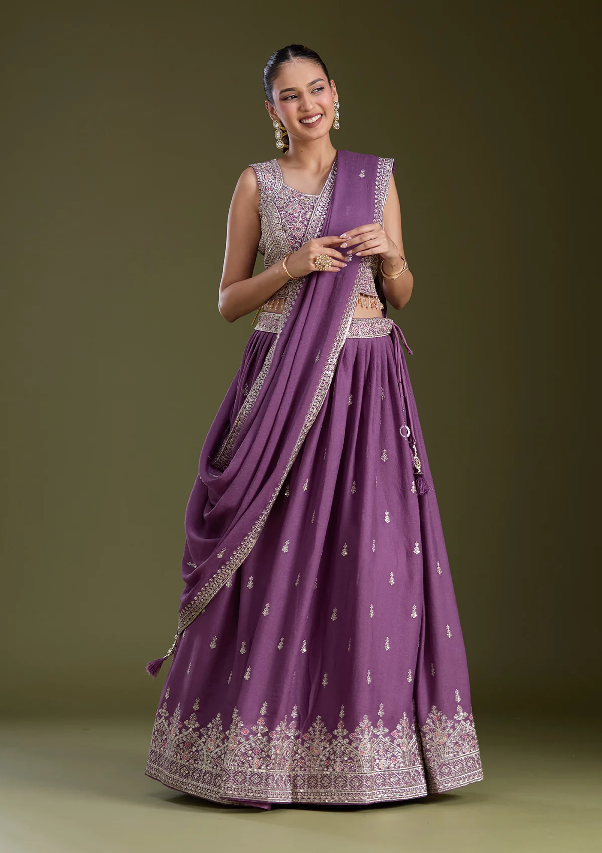 Lavender Zariwork (Silver) Soft Raw Silk Readymade Lehenga - Image 2