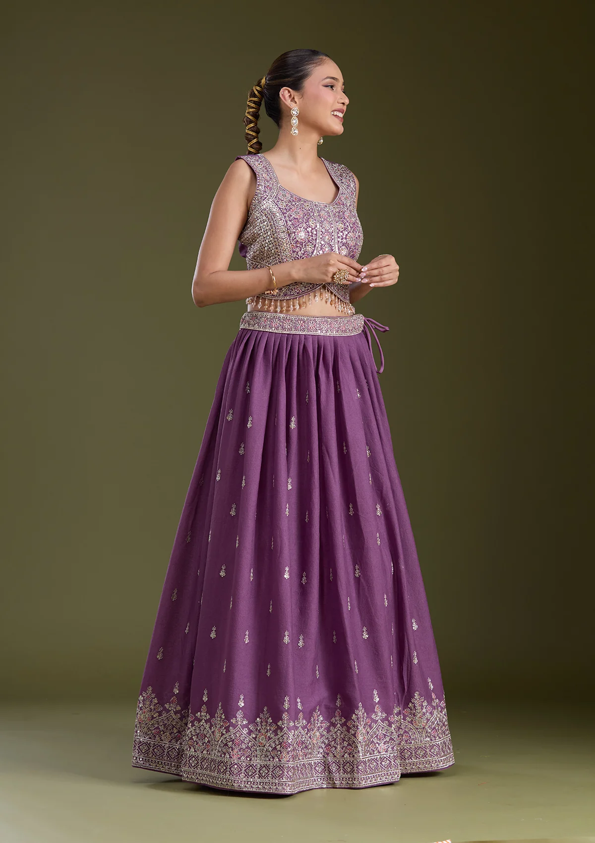 Lavender Zariwork (Silver) Soft Raw Silk Readymade Lehenga - Image 6