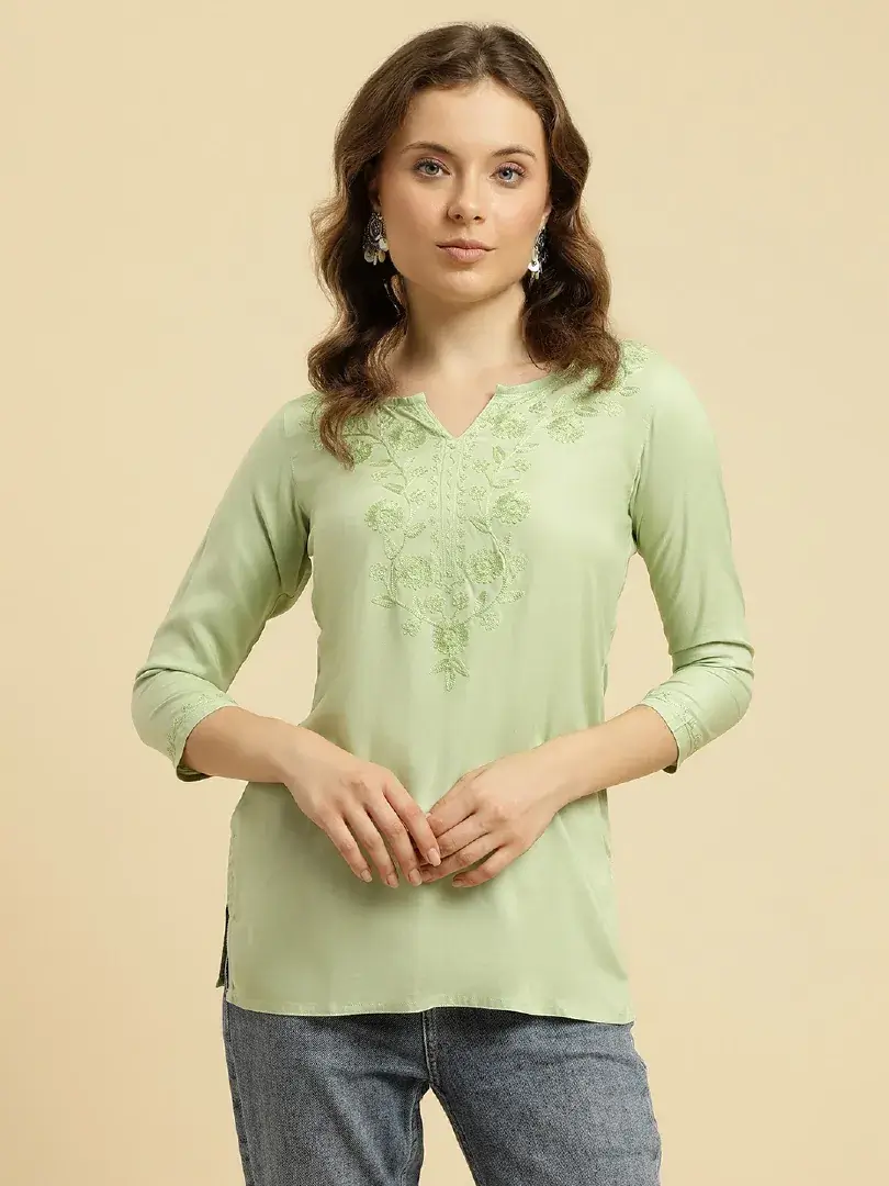 Pista Green Kashmiri Silk Work Short Kurti