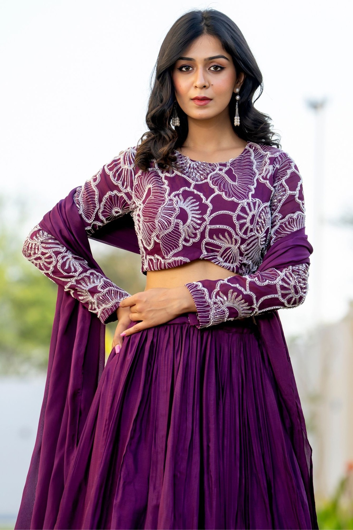 Wine Chinon & Organza Lehenga Set - Image 4
