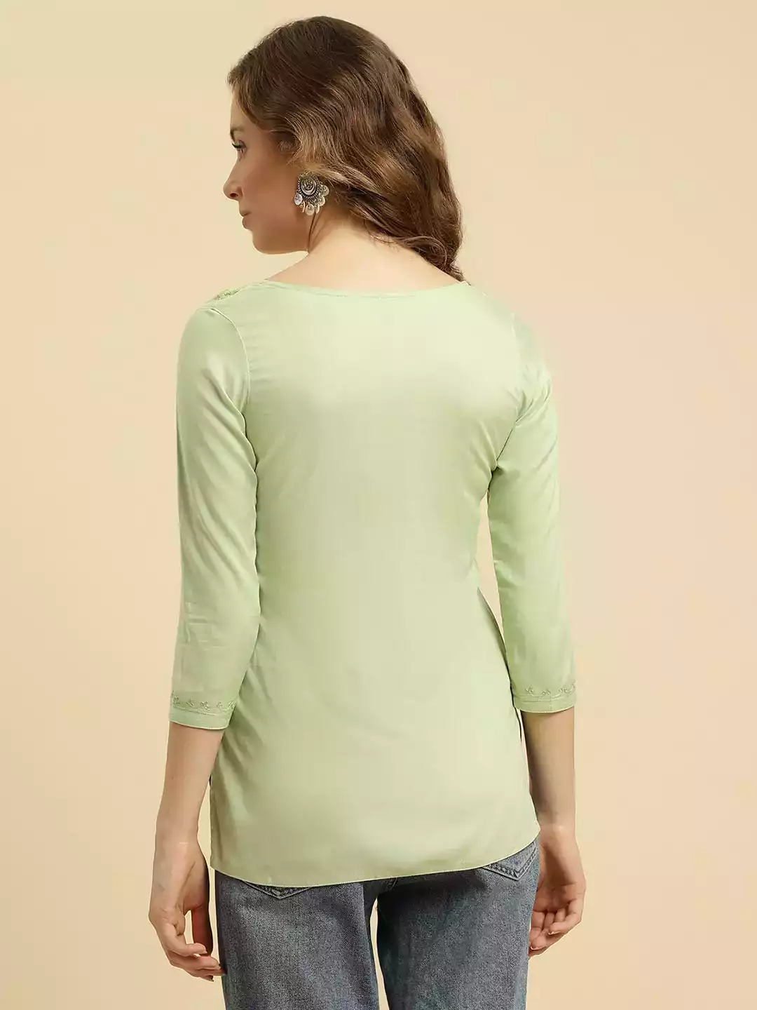 Pista Green Kashmiri Silk Work Short Kurti - Image 3