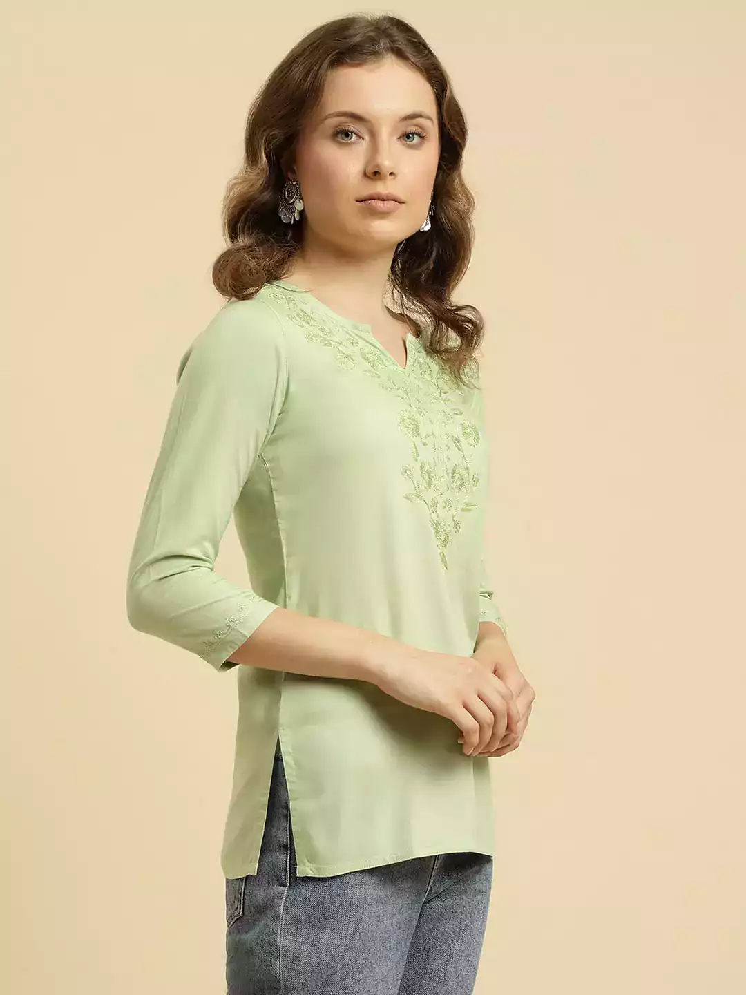 Pista Green Kashmiri Silk Work Short Kurti - Image 4
