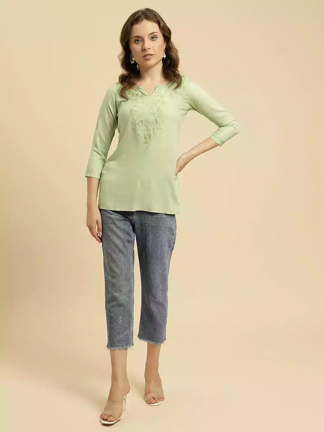 Pista Green Kashmiri Silk Work Short Kurti - Image 5