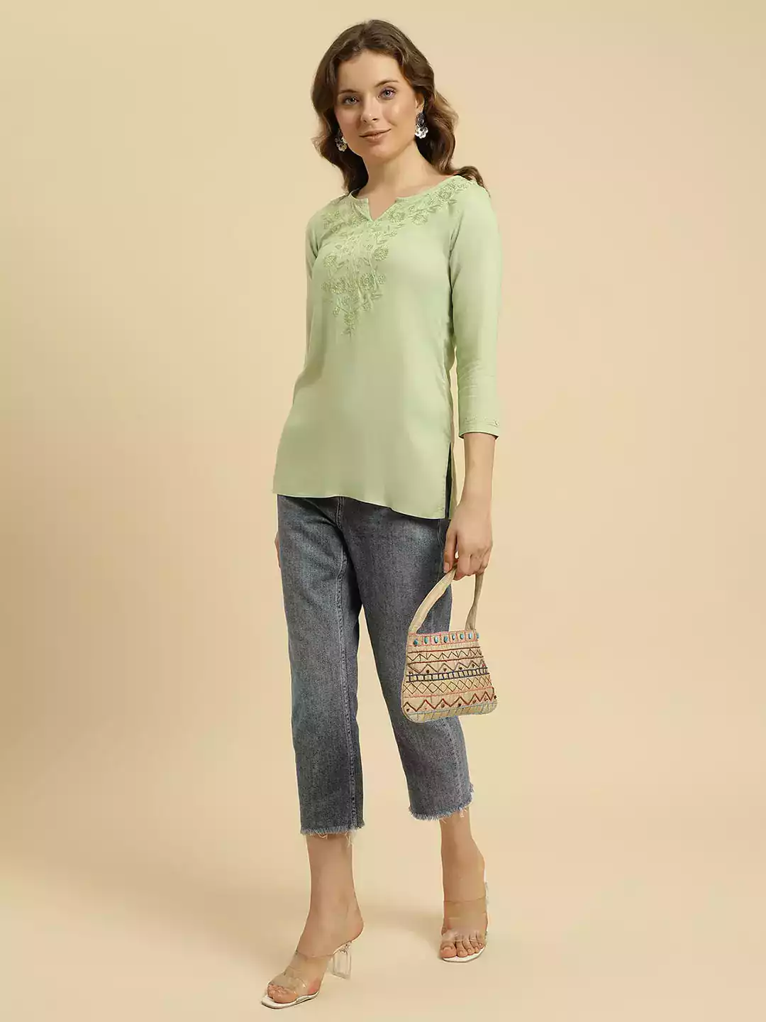 Pista Green Kashmiri Silk Work Short Kurti - Image 6