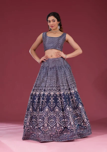 Silver Stonework Raw Silk Readymade Lehenga Set