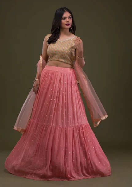 Yellow Threadwork Chiffon Readymade Lehenga