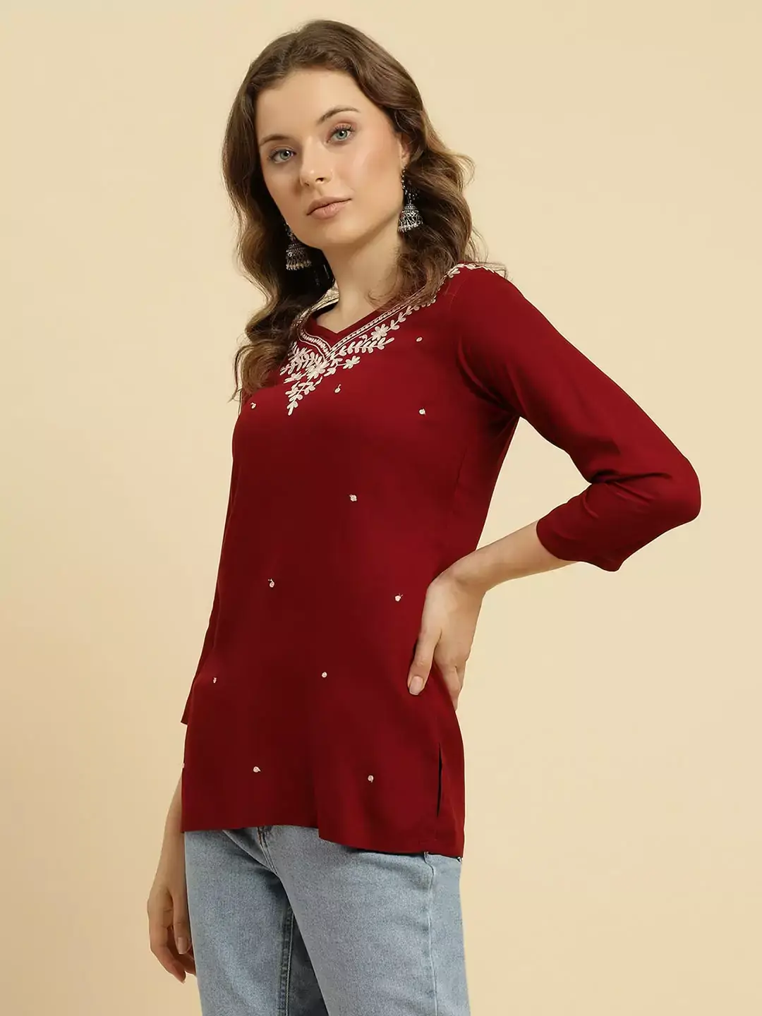 Maroon Kashmiri Silk Work Short Kurti - Image 6