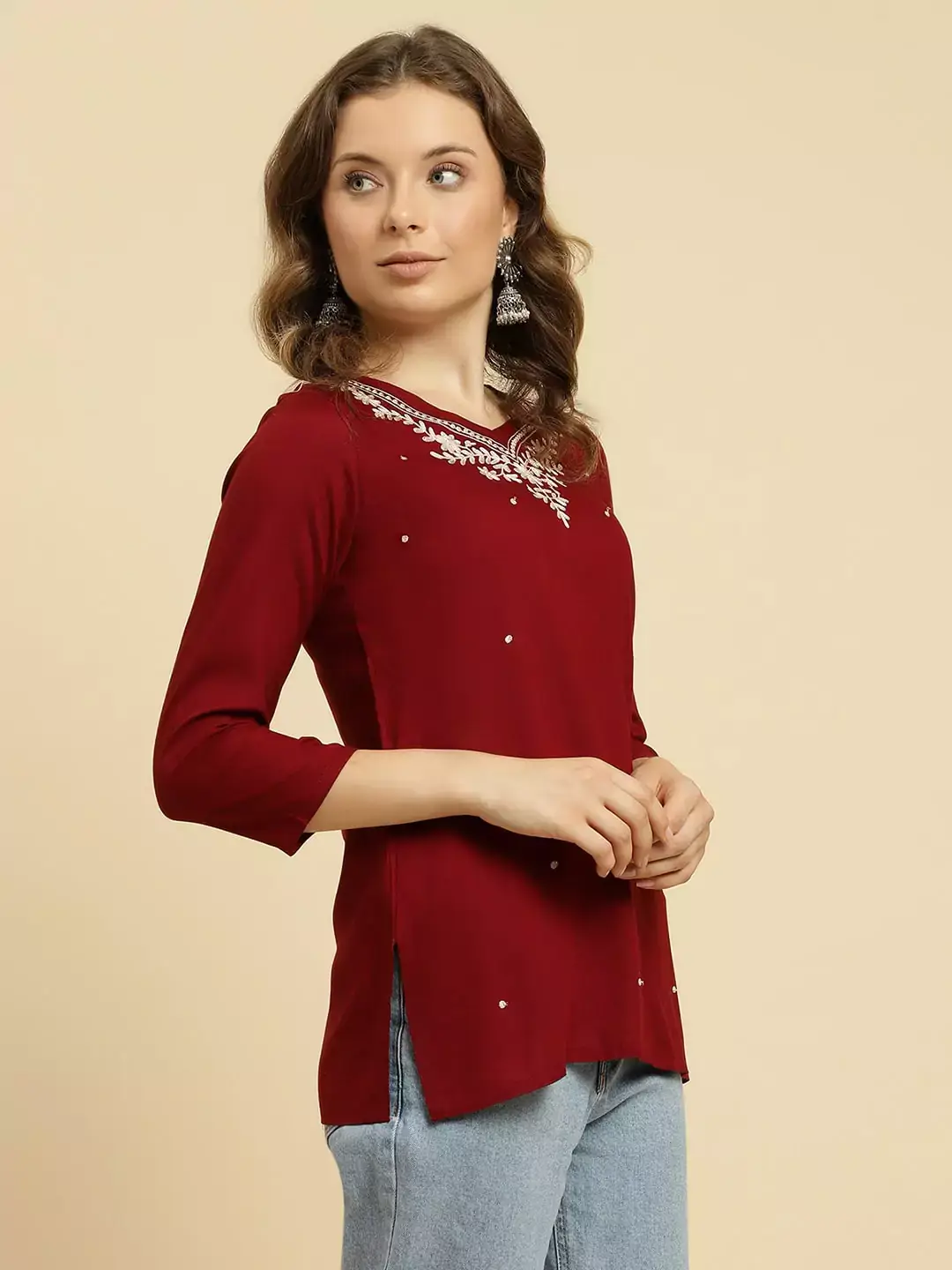 Maroon Kashmiri Silk Work Short Kurti - Image 2
