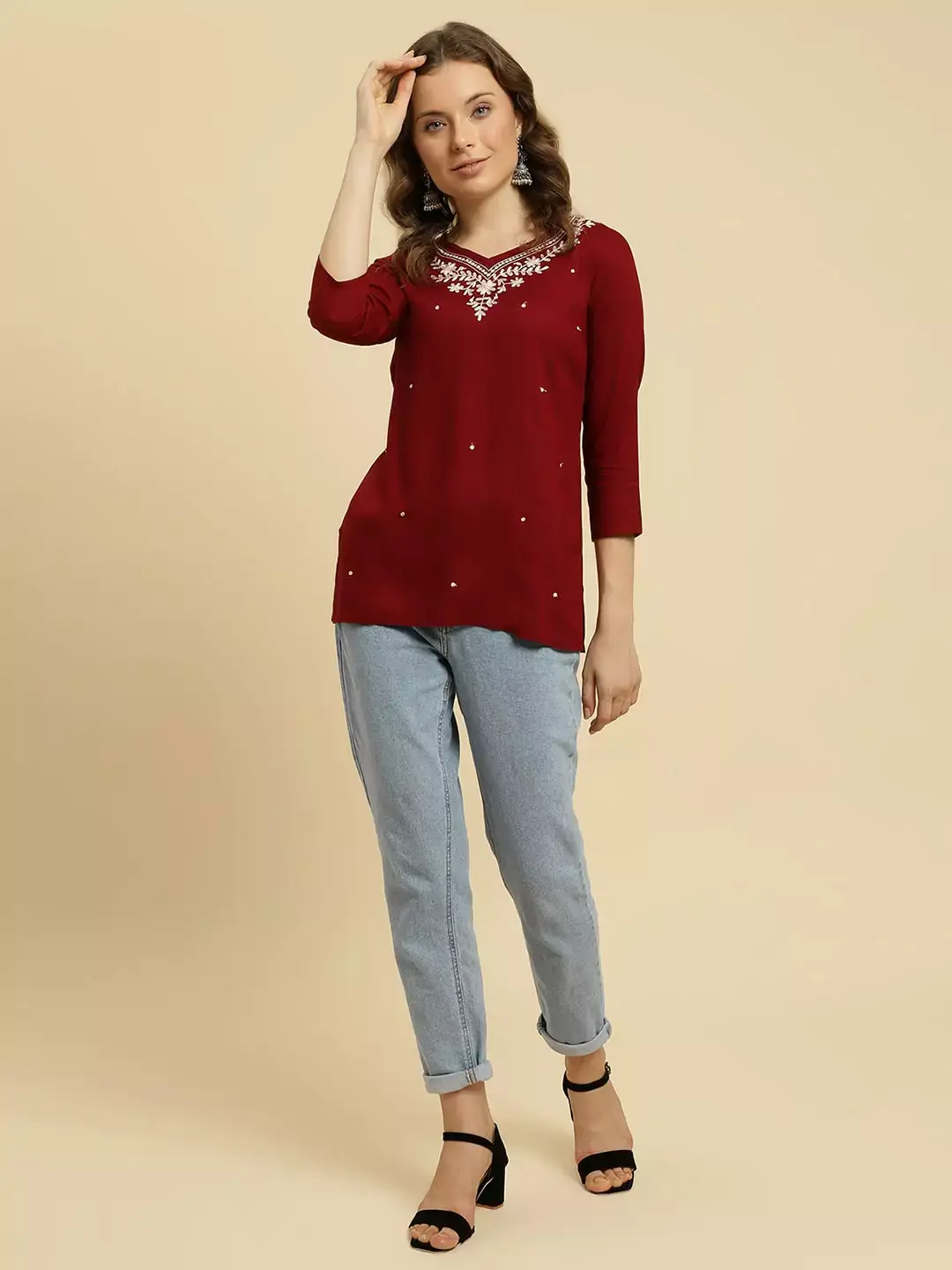 Maroon Kashmiri Silk Work Short Kurti - Image 3