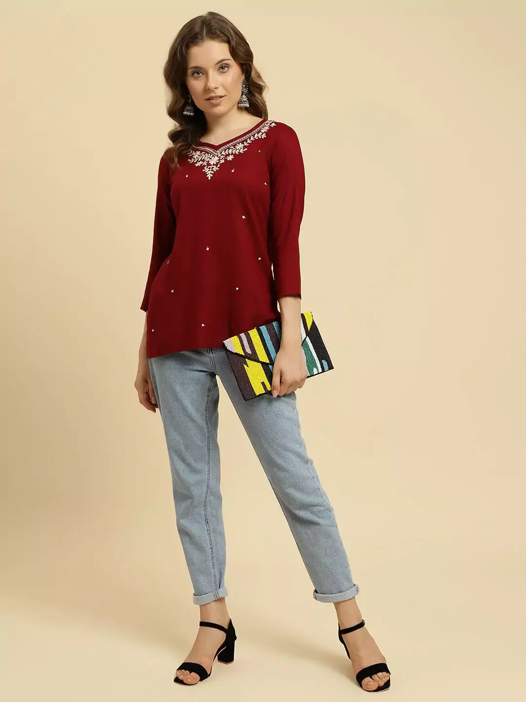 Maroon Kashmiri Silk Work Short Kurti - Image 4