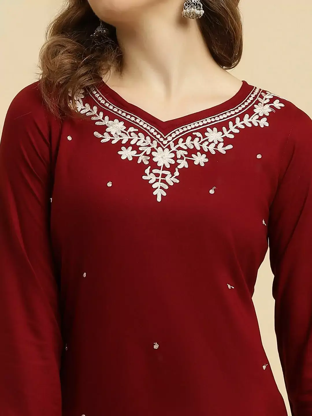 Maroon Kashmiri Silk Work Short Kurti - Image 5