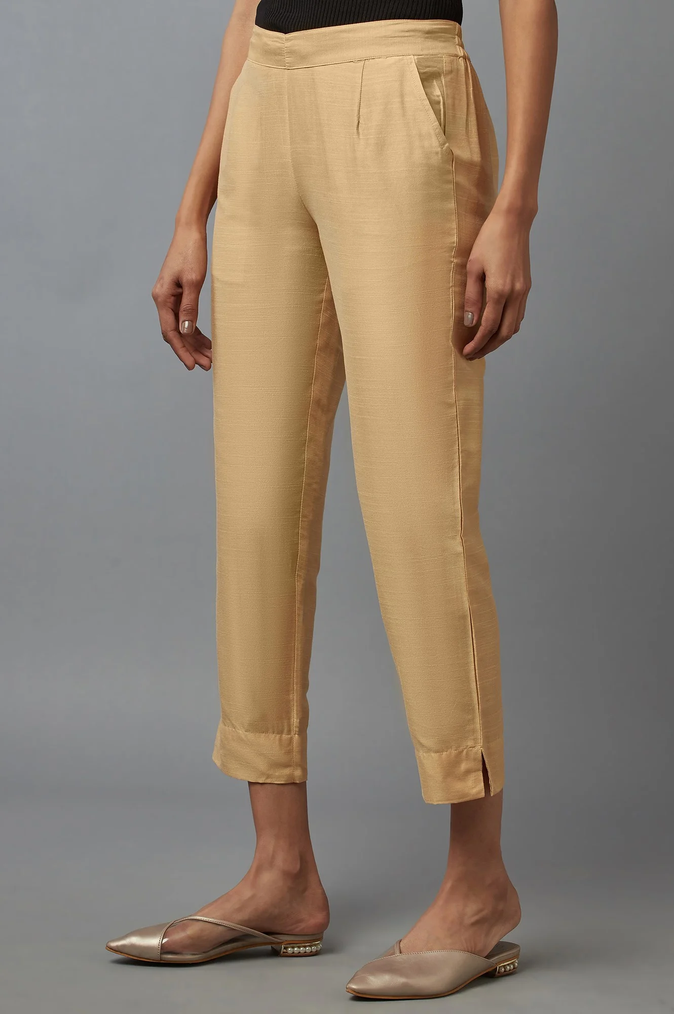Regular Fit Solid Straight Fit Woven Trousers With Elasticated Waistband - Image 3