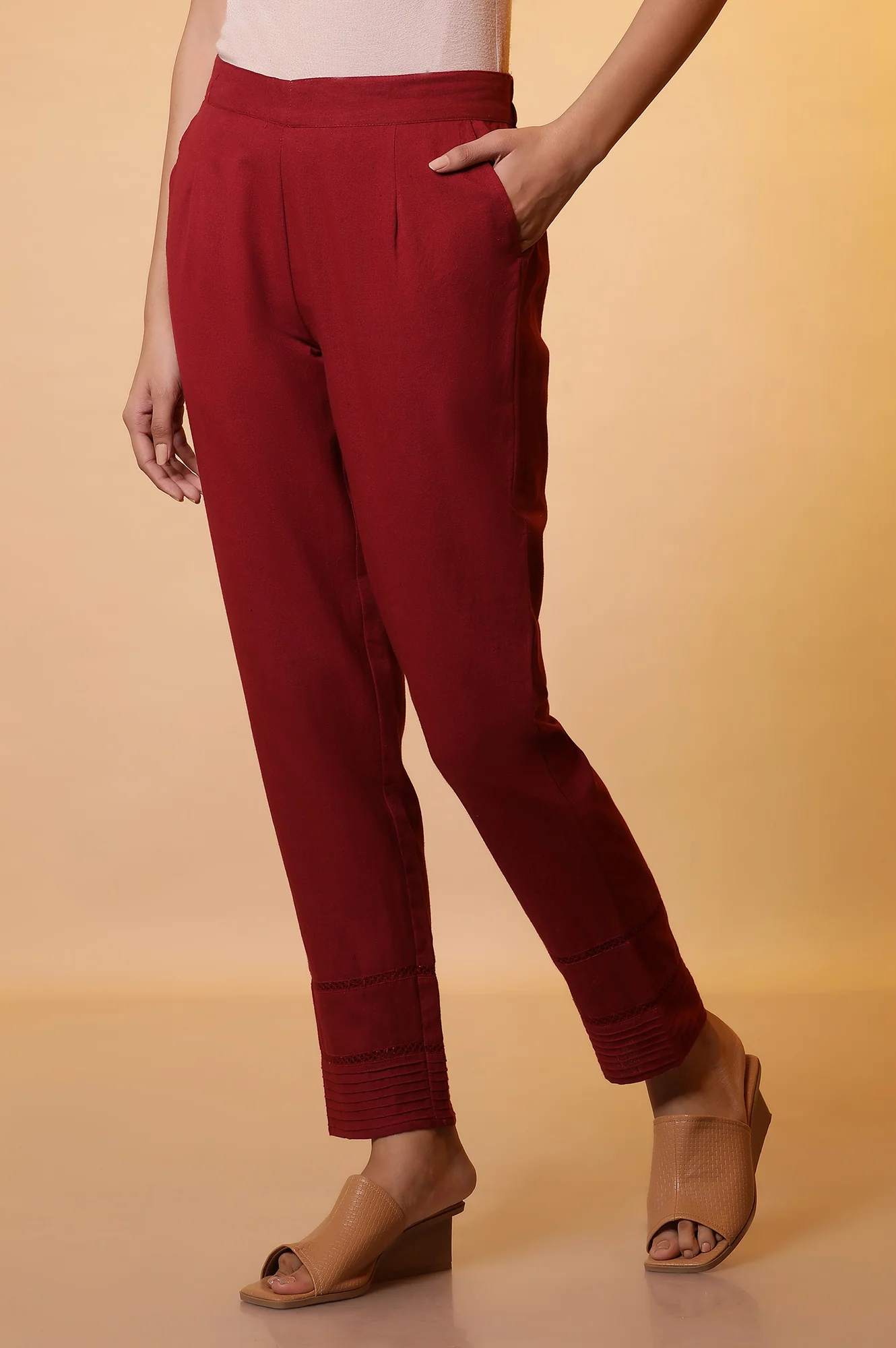 Maroon Lace Insert Pintuck Trousers - Image 3