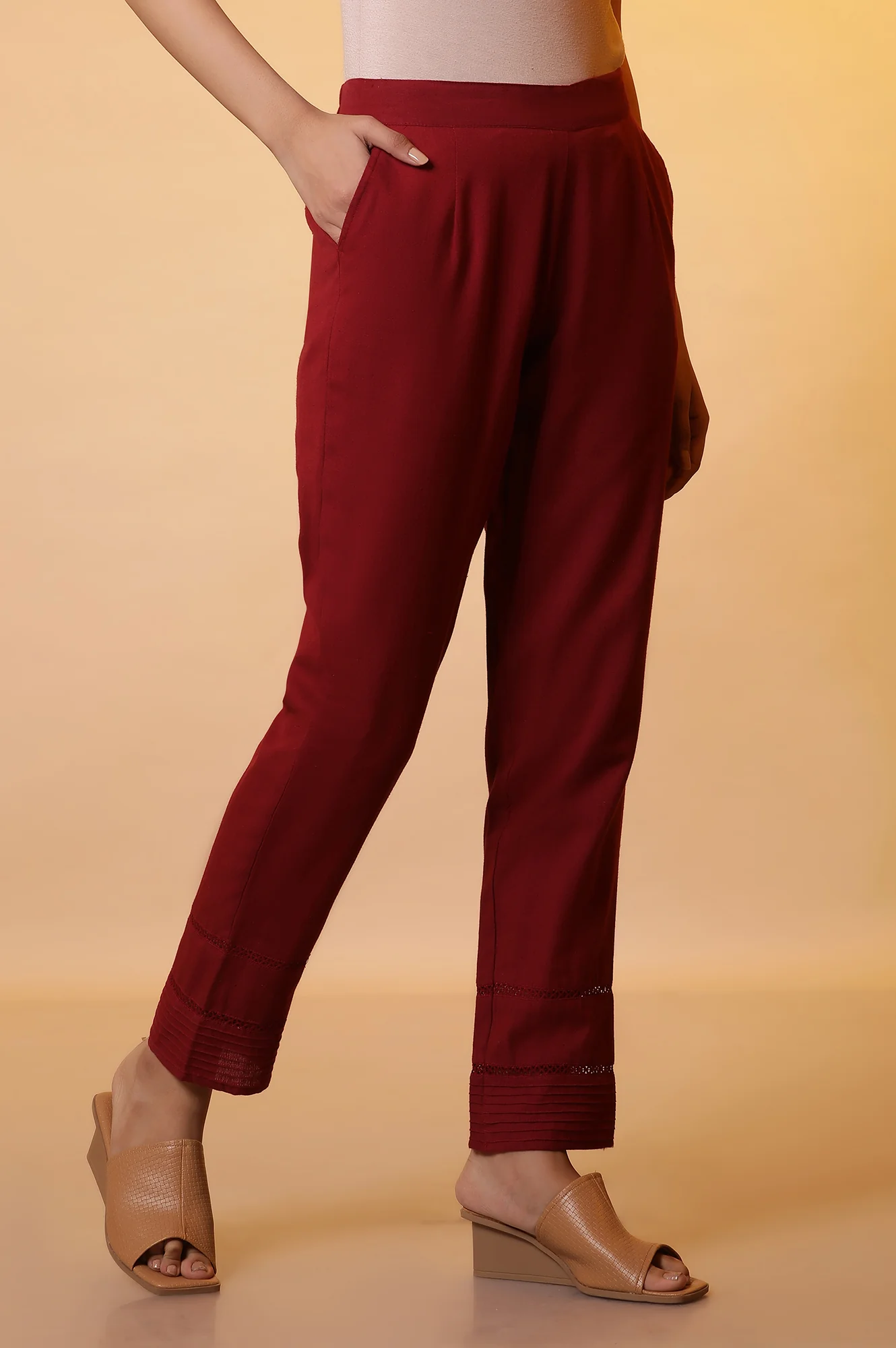 Maroon Lace Insert Pintuck Trousers - Image 5