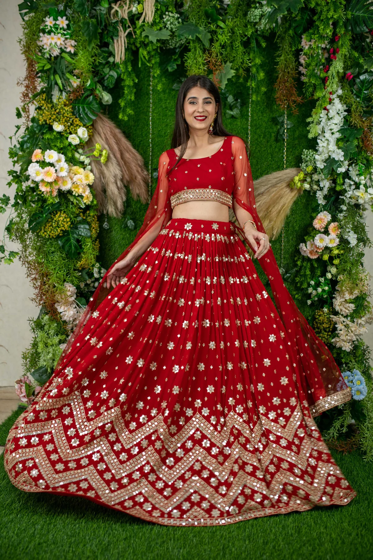 Red And Gold Lehenga Cape Sleeves - Image 3