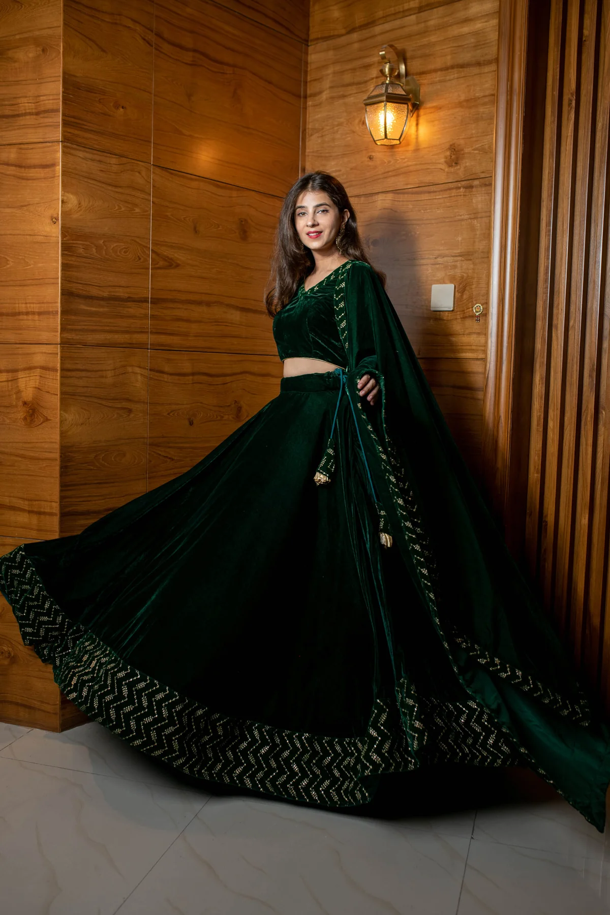 Bottle Green Sequin And Zari Work Velvet Lehenga - Image 2
