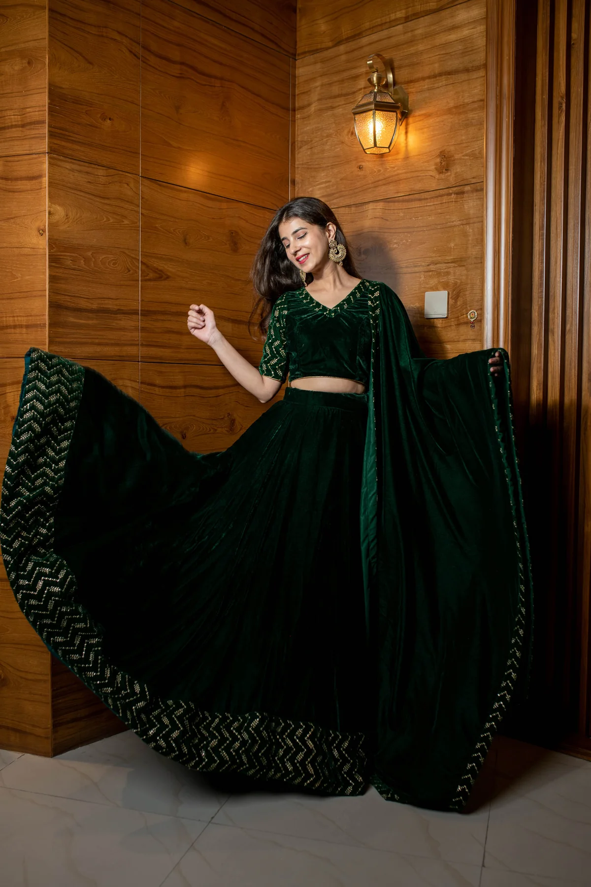 Bottle Green Sequin And Zari Work Velvet Lehenga - Image 3