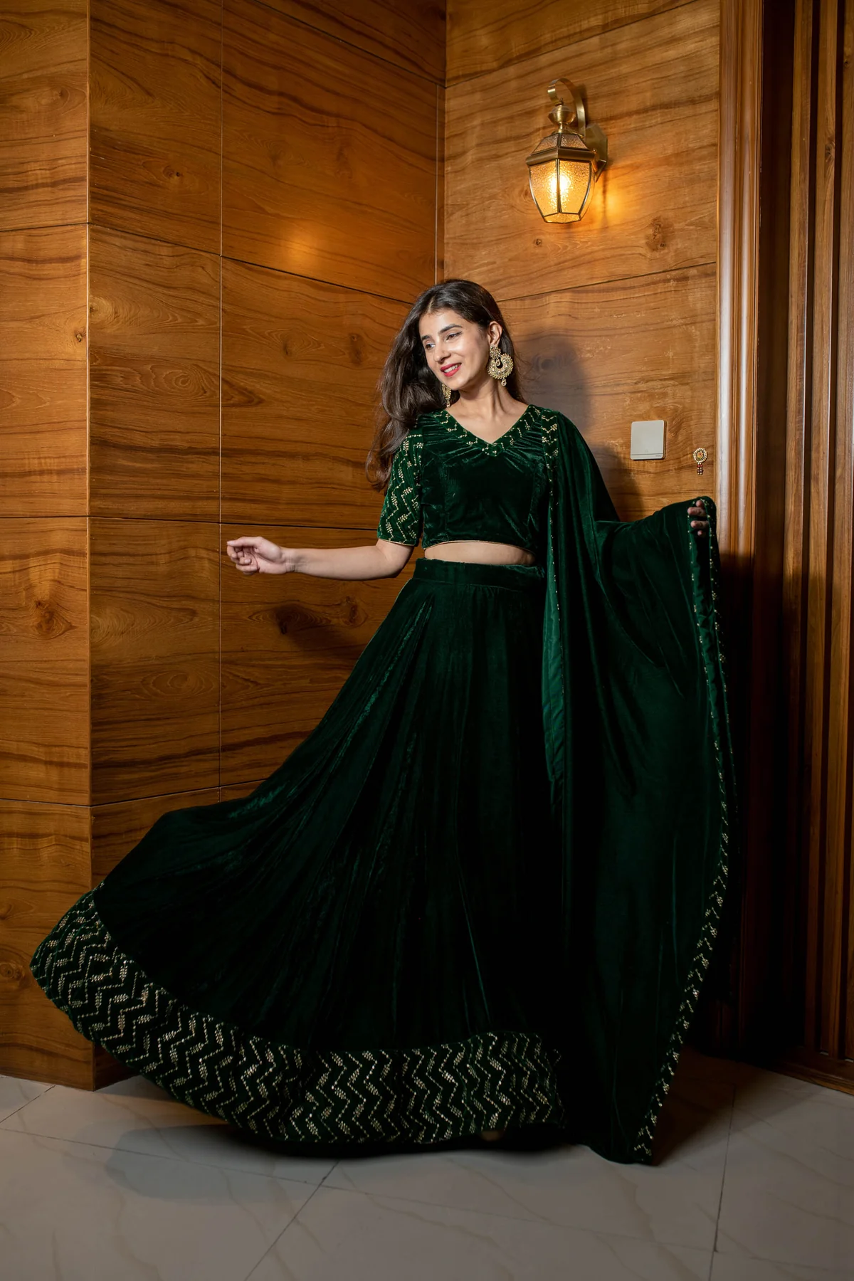 Bottle Green Sequin And Zari Work Velvet Lehenga - Image 4