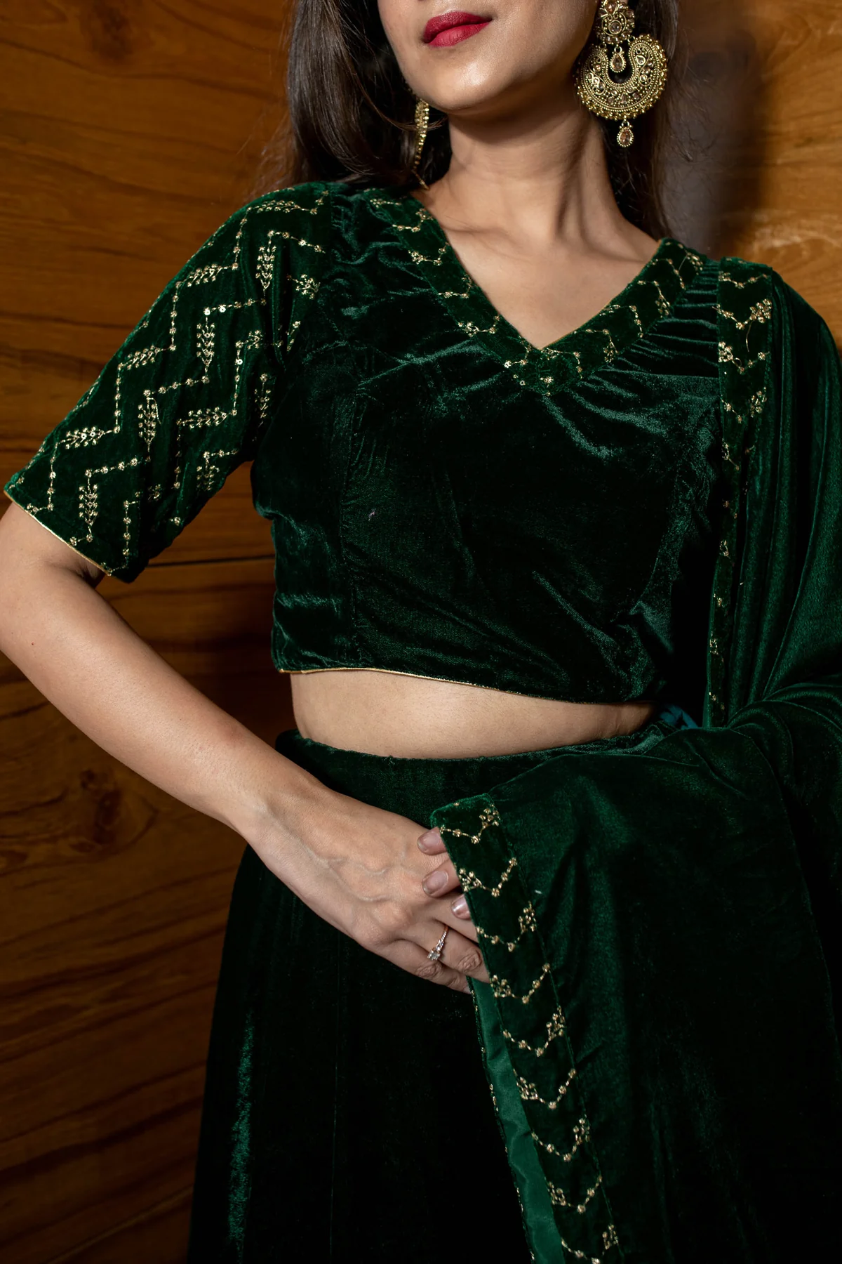 Bottle Green Sequin And Zari Work Velvet Lehenga - Image 6