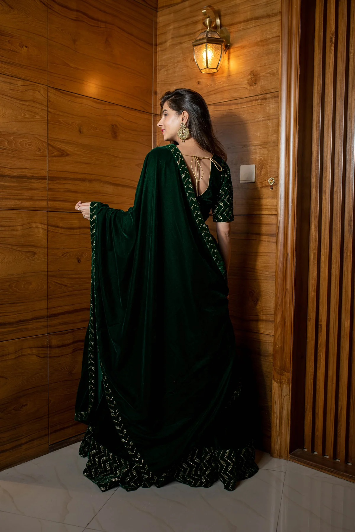 Bottle Green Sequin And Zari Work Velvet Lehenga - Image 7